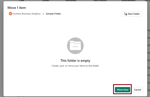 Capture d’écran montrant le bouton Déplacer ici dans le dossier de destination.