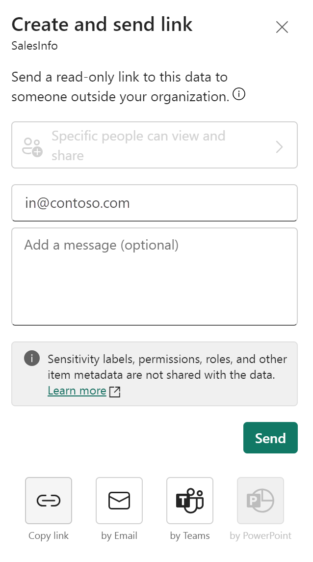 Capture d’écran de la boîte de dialogue créer et envoyer un lien du partage de données externe.