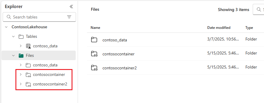 Capture d’écran montrant l’affichage de l’explorateur lakehouse avec une liste de dossiers qui affichent le symbole de raccourci.
