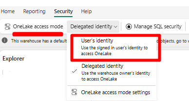 Capture d’écran montrant la sélection de « identité utilisateur » pour activer la sécurité OneLake pour le point de terminaison d’analytique SQL.