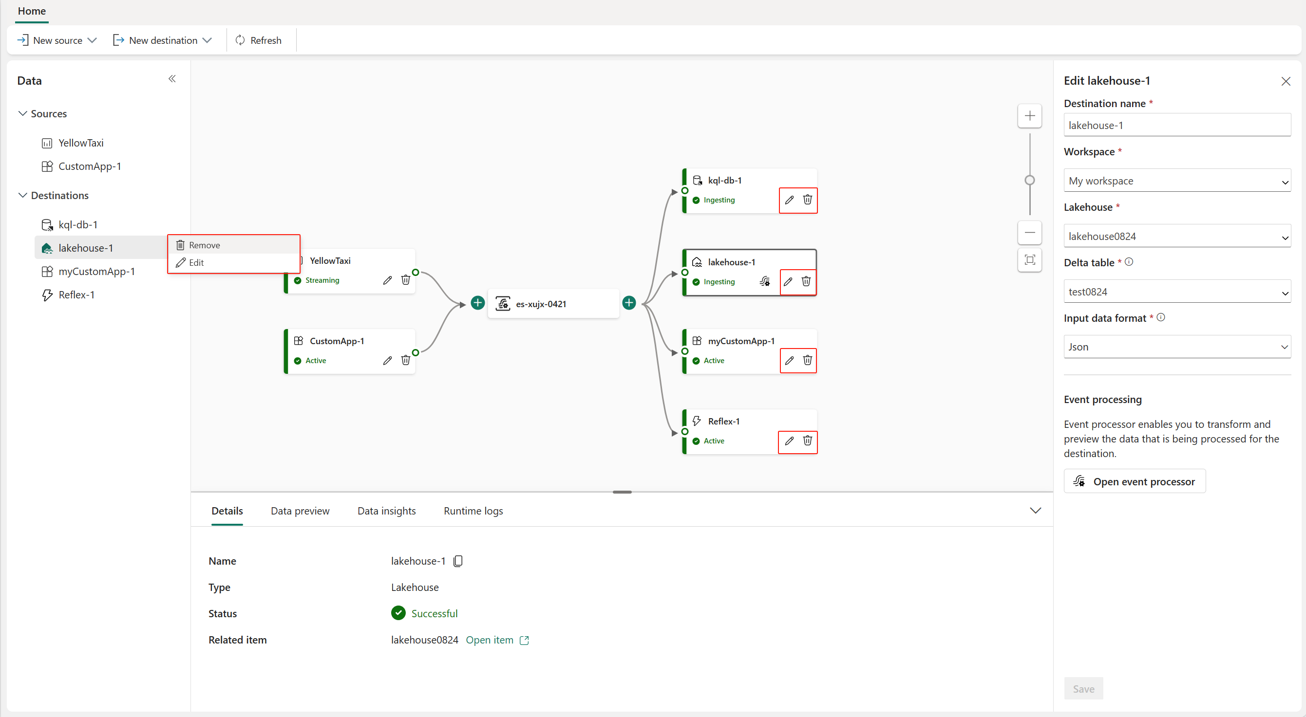 Capture d’écran montrant l’emplacement de sélection des options de modification et de suppression pour les destinations sur le canevas.