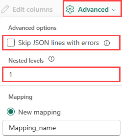 Screenshot of advanced JSON options.