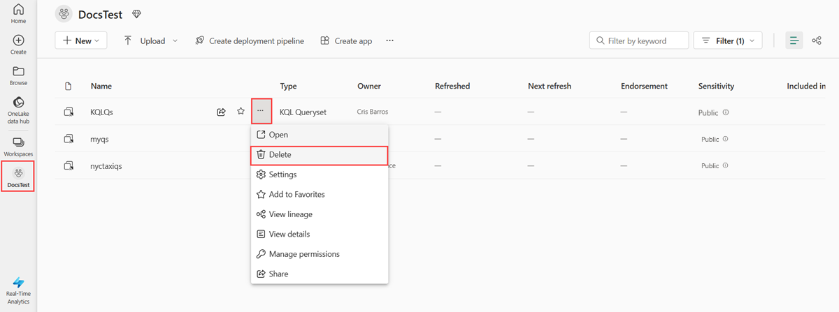 Capture d’écran de l’espace de travail Microsoft Fabric montrant comment supprimer un ensemble de requêtes KQL.