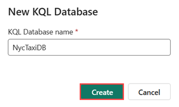 Capture d’écran de la création d’une base de données KQL dans Real-Time Analytics dans Microsoft Fabric.
