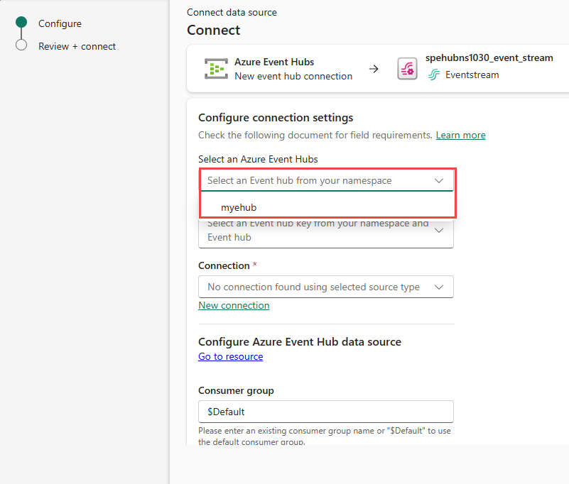 Capture d’écran montrant la page Se connecter avec un Event Hub sélectionné dans la liste déroulante.