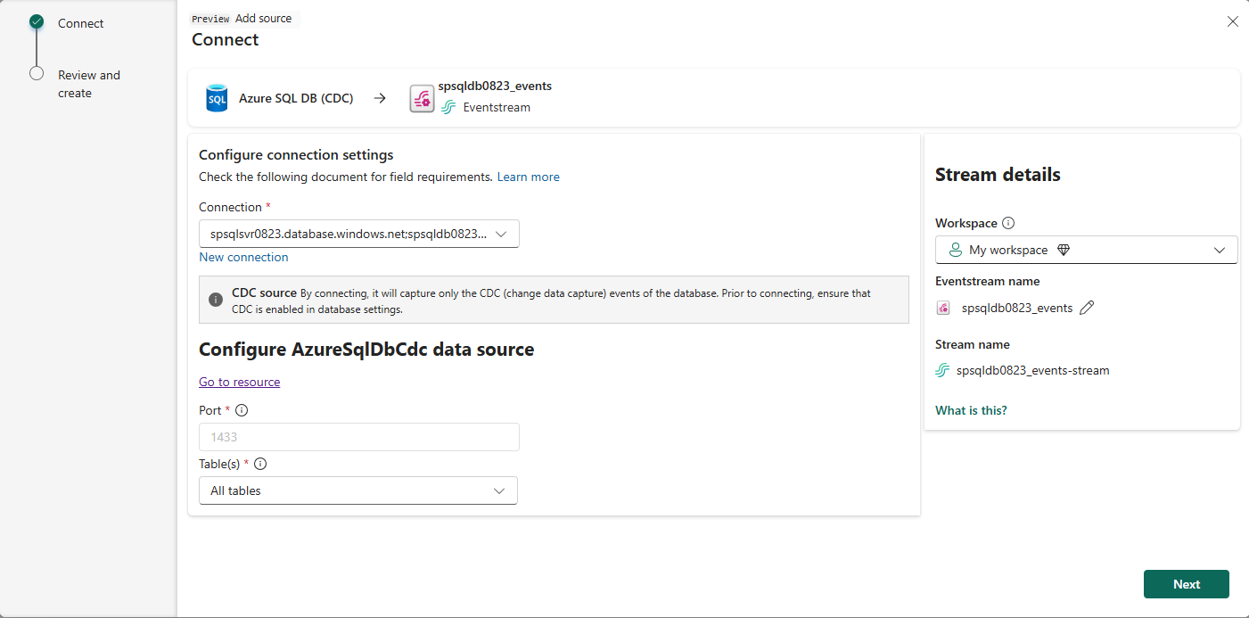 Capture d’écran montrant la page Ajouter une connexion à l’assistant Source renseignée.