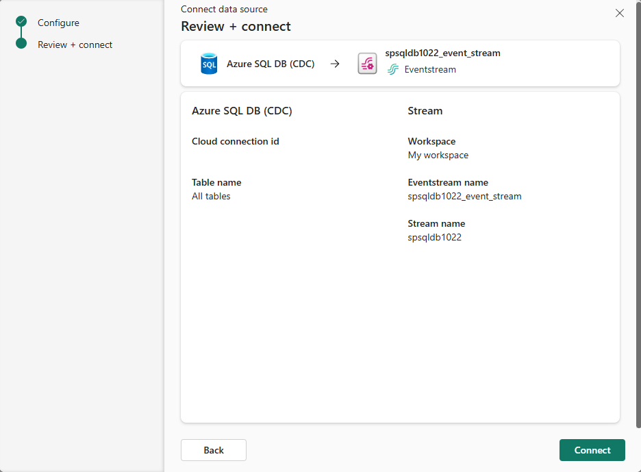 Capture d’écran montrant la page Vérifier + se connecter de Ajouter une connexion à l’assistant Source renseignée.