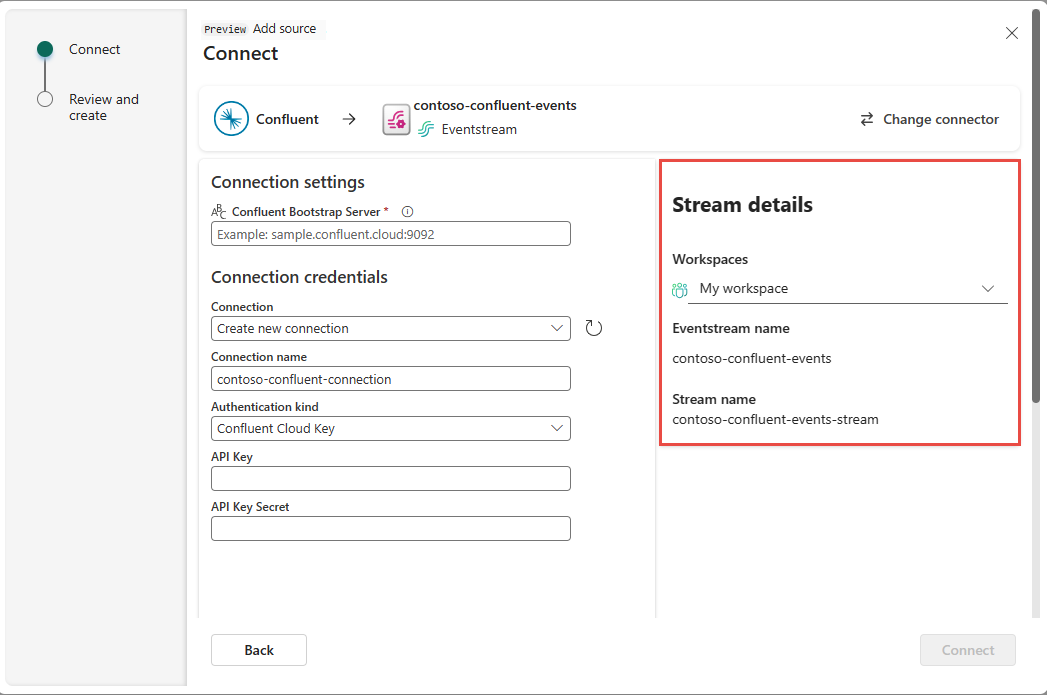 Capture d’écran montrant le volet droit avec la section Détails du flux de la page paramètres de connexion Confluent. 