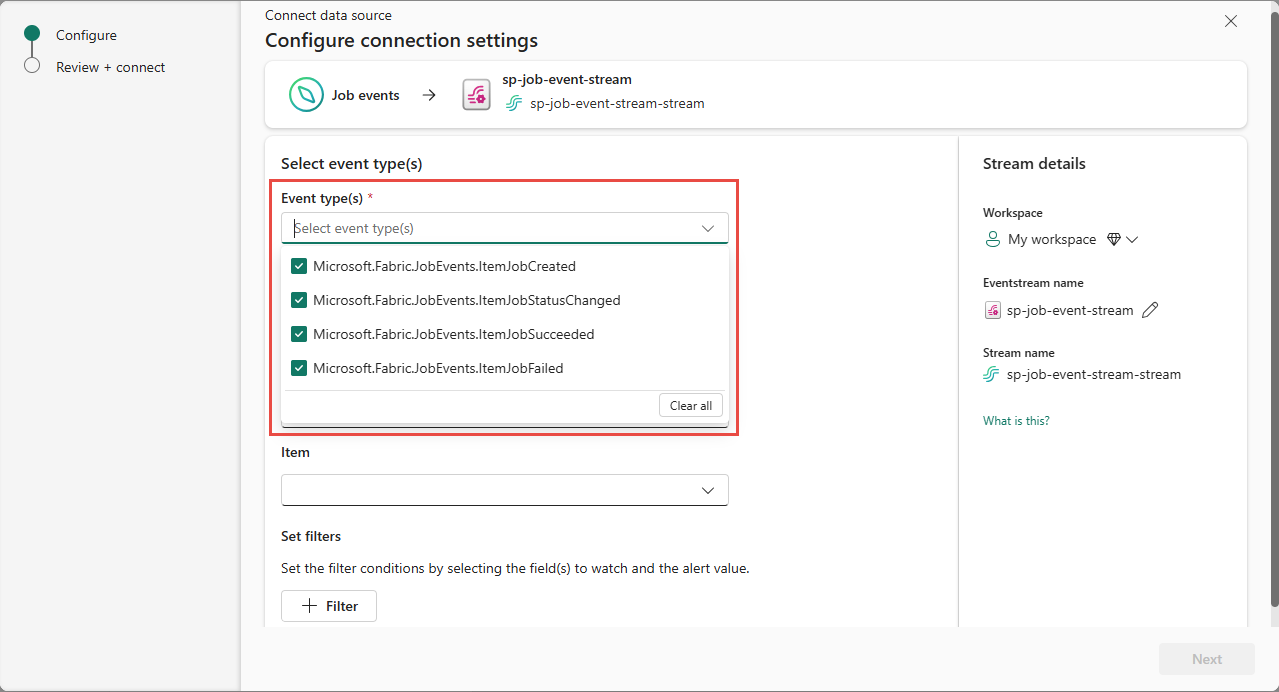 Capture d’écran montrant la sélection des types d’événements de travail sur la page Se connecter.