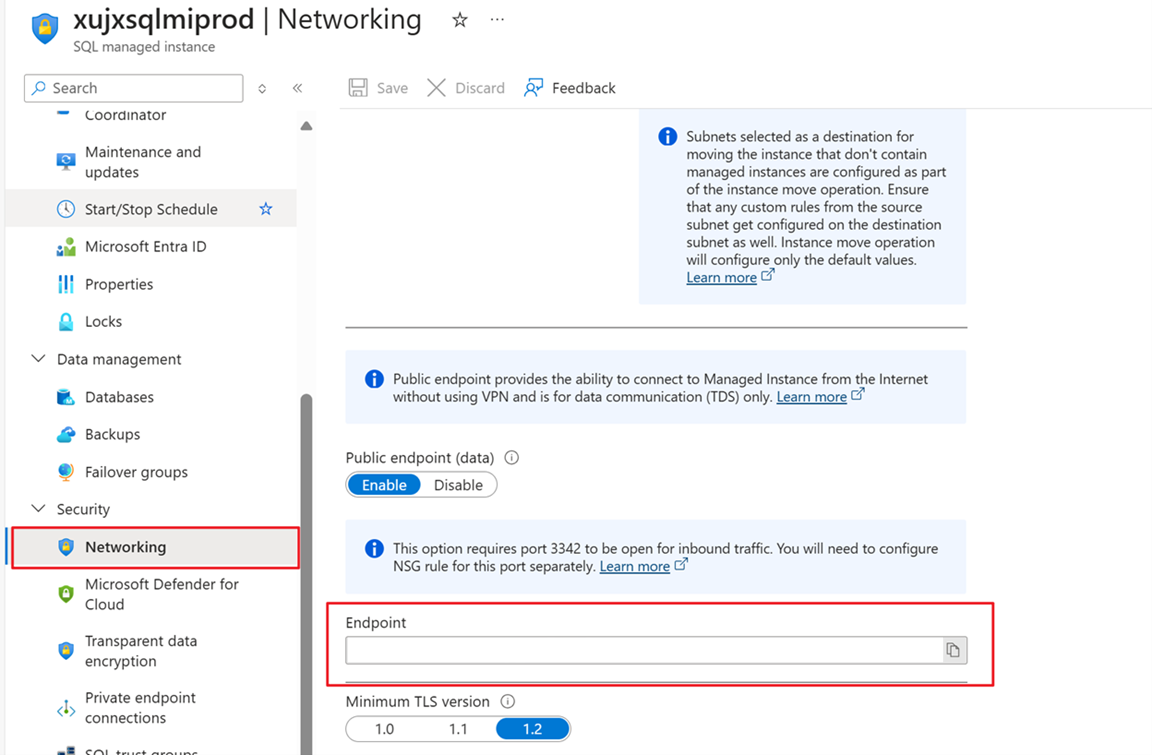 Capture d’écran montrant la page Mise en réseau avec les informations de point de terminaison.