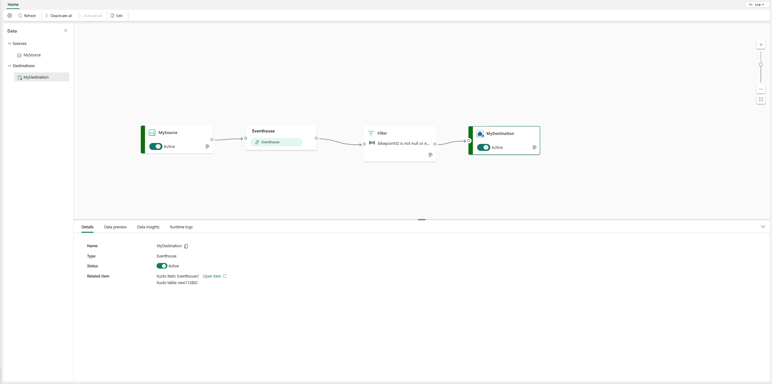 Capture d’écran du flux de traitement des événements de base de données KQL configuré dans affichage en direct.