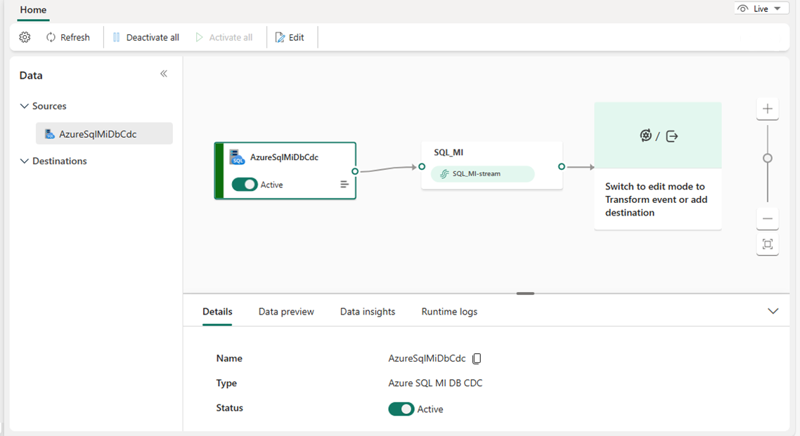 Capture d’écran du sur la source de capture de données modifiées de la base de données Azure SQL MI ajoutée en mode Affichage en direct.