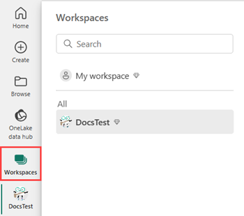 Capture d’écran du menu gauche de l’interface utilisateur présentant le menu déroulant de l’icône intitulée Workspaces (Espaces de travail). L’icône Workspaces (Espaces de travail) est mise en évidence.