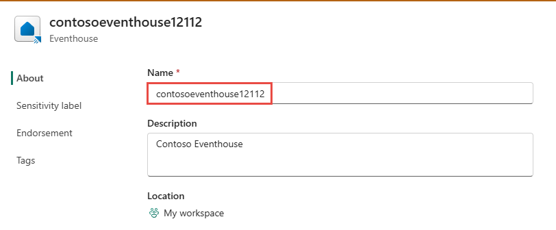 Capture d’écran de la page Paramètres avec un nouveau nom pour l’eventhouse.