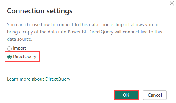 Capture d’écran du volet paramètres de connexion montrant les deux modes de connectivité disponibles. DirectQuery est sélectionné.