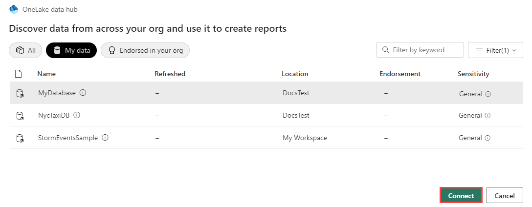 Capture d’écran du hub de données OneLake montrant la liste de la base de données KQL disponible pour la connexion dans Power BI Desktop.