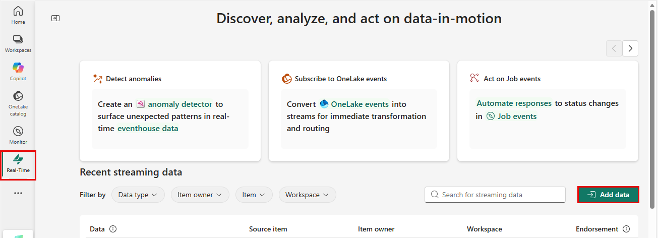 Capture d’écran du hub Real-Time avec les événements get mis en surbrillance.