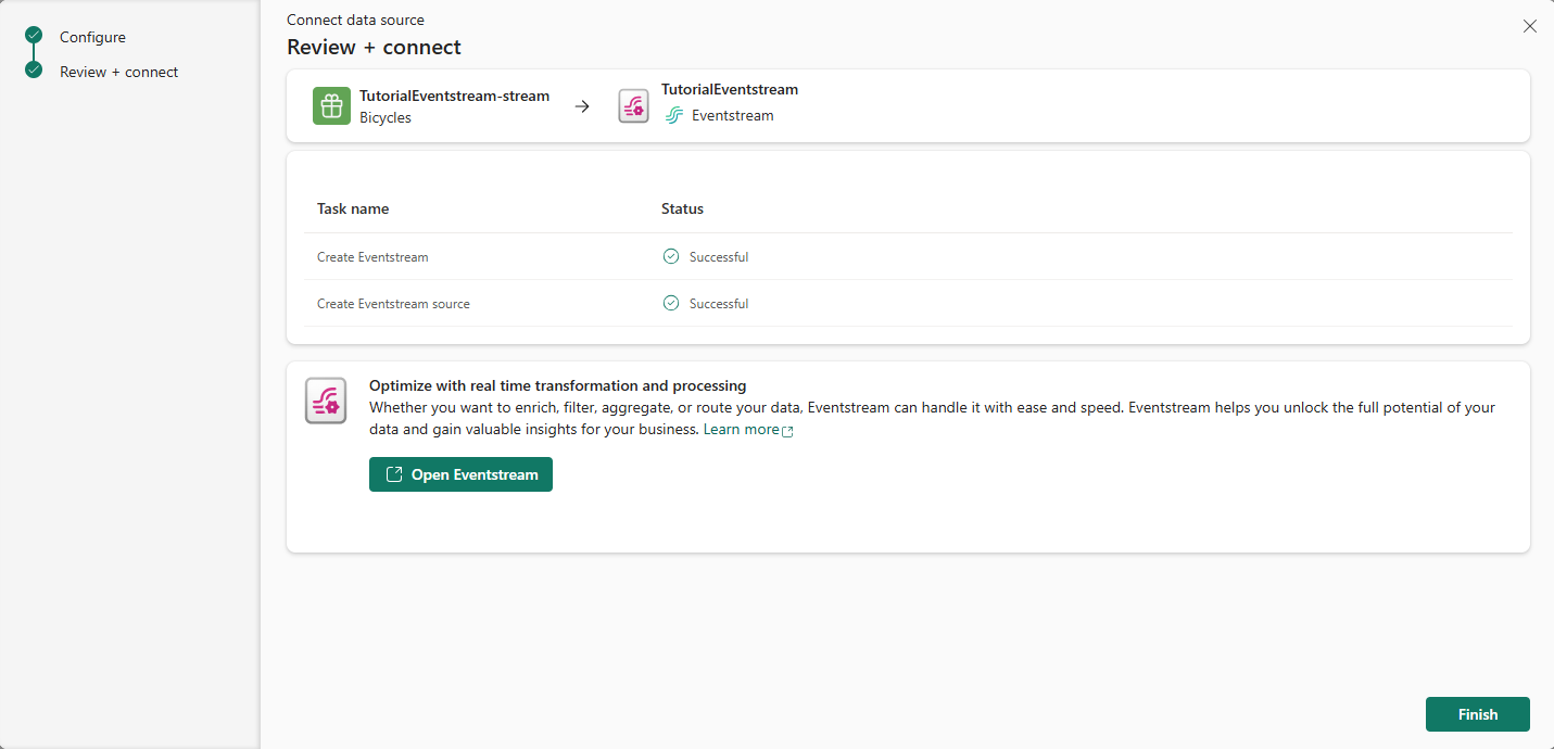 Capture d’écran de la page Vérifier + connecter après la création d’un eventstream.