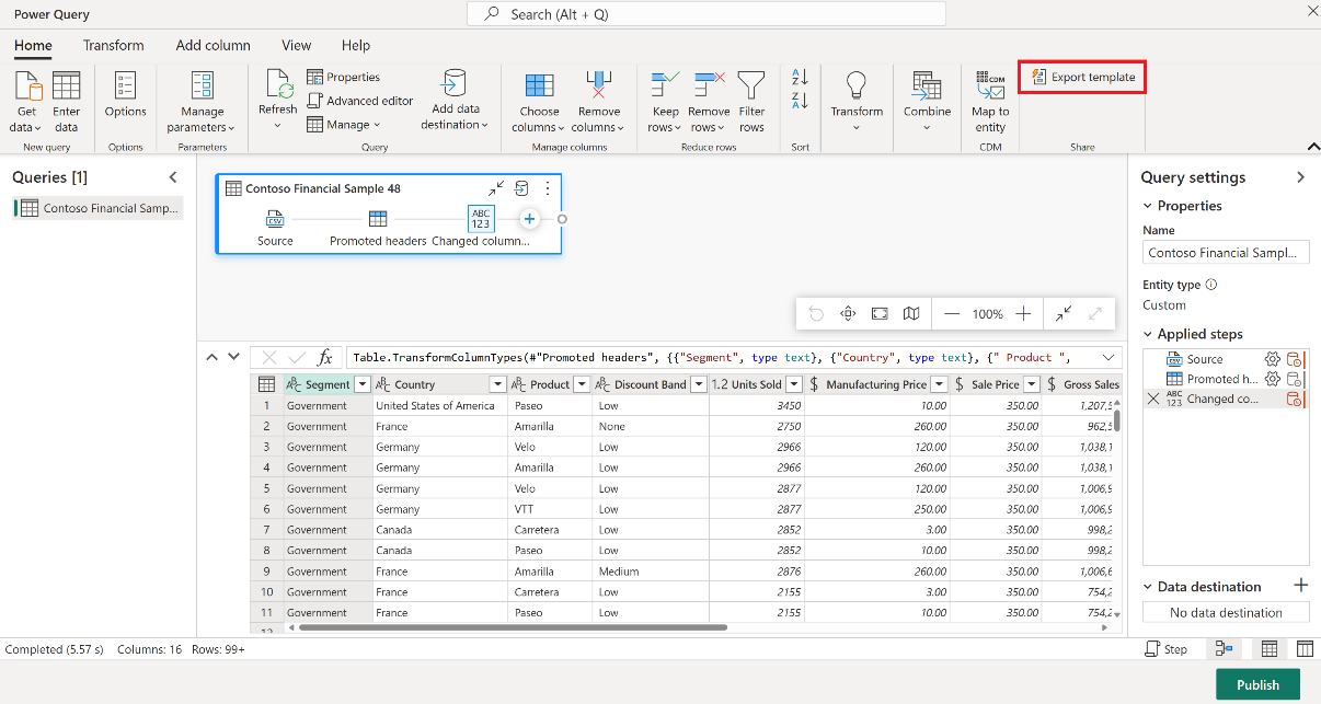 Screenshot showing the Power Query editor, with the Export template option emphasized.