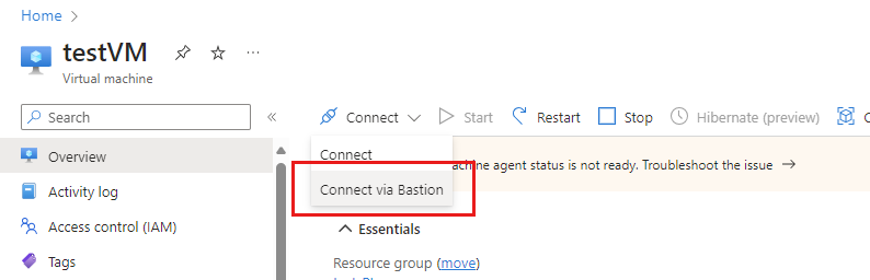 Capture d’écran de l’option Connexion via Bastion.