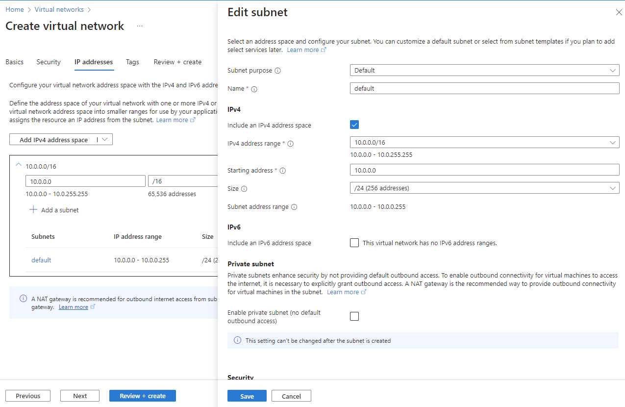 Capture d’écran de l’onglet Adresses IP dans Créer un réseau virtuel.