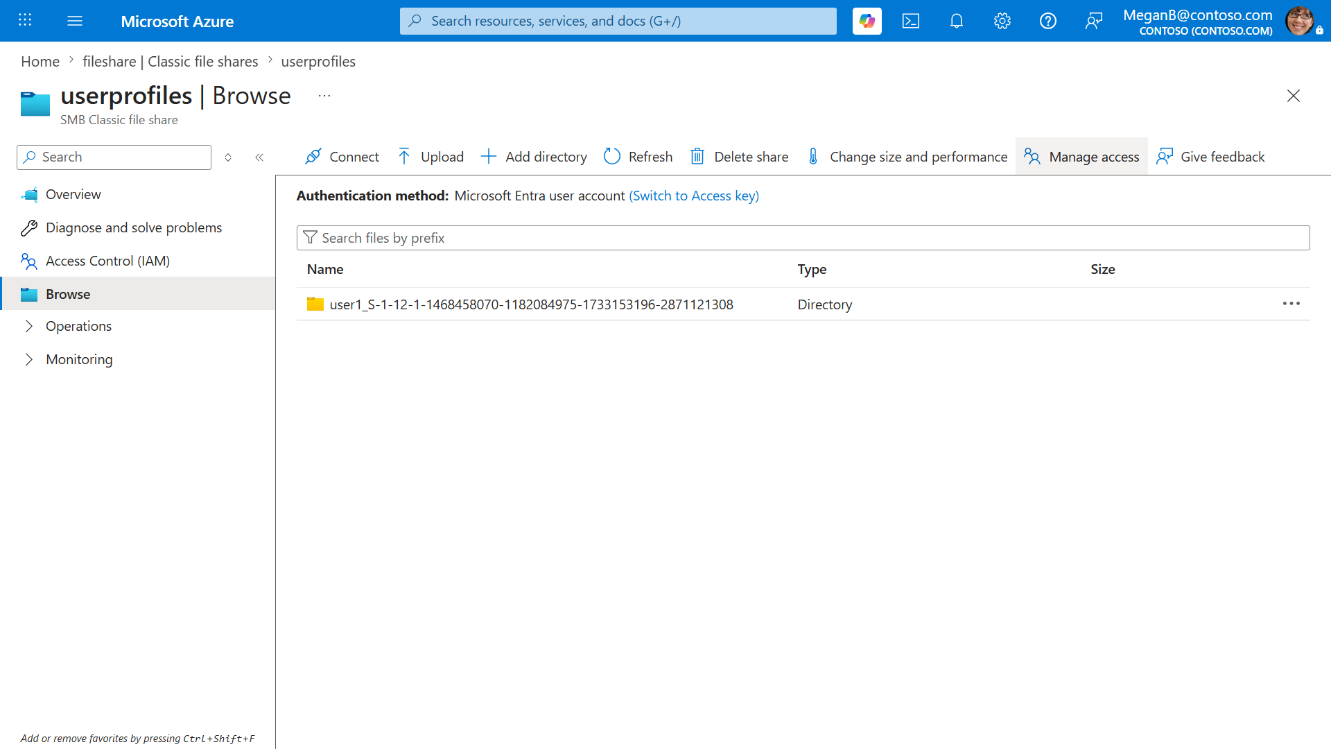 Capture d’écran montrant un partage de fichiers Azure avec l’option d’action « Gérer l’accès » disponible à la sélection.