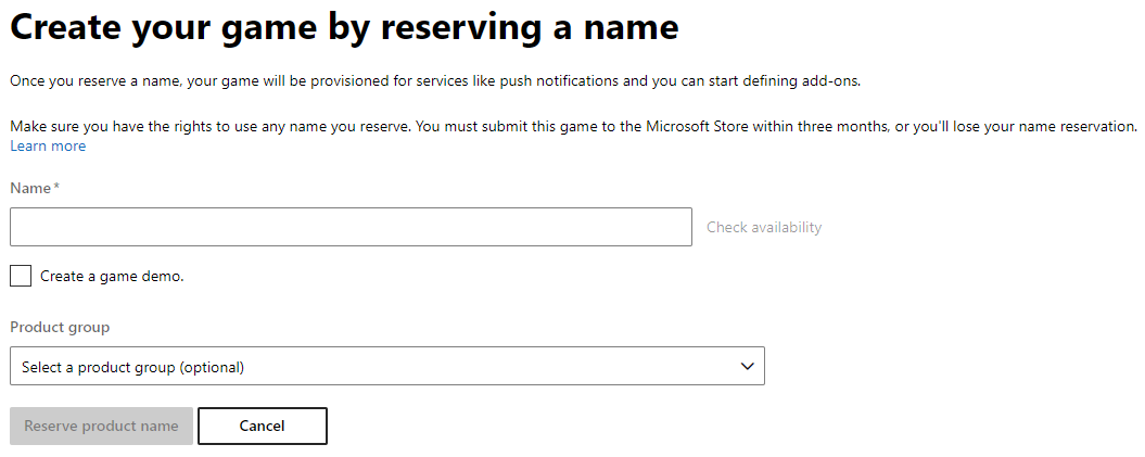 The "Create your game by reserving a name" page