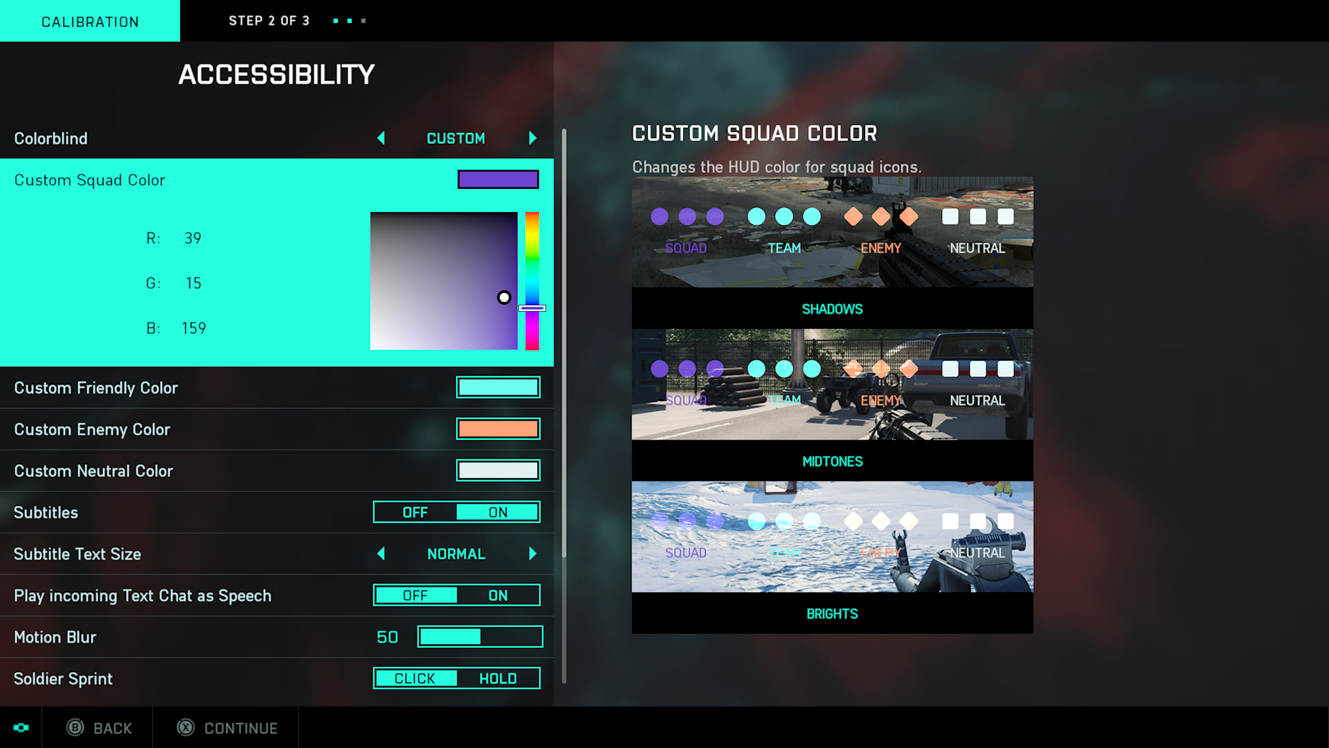 screenshot of battlefield 2042's Accessibility menu navigating the custom color blind option with color pickers. RGB values, color, and hue pickers are shown.