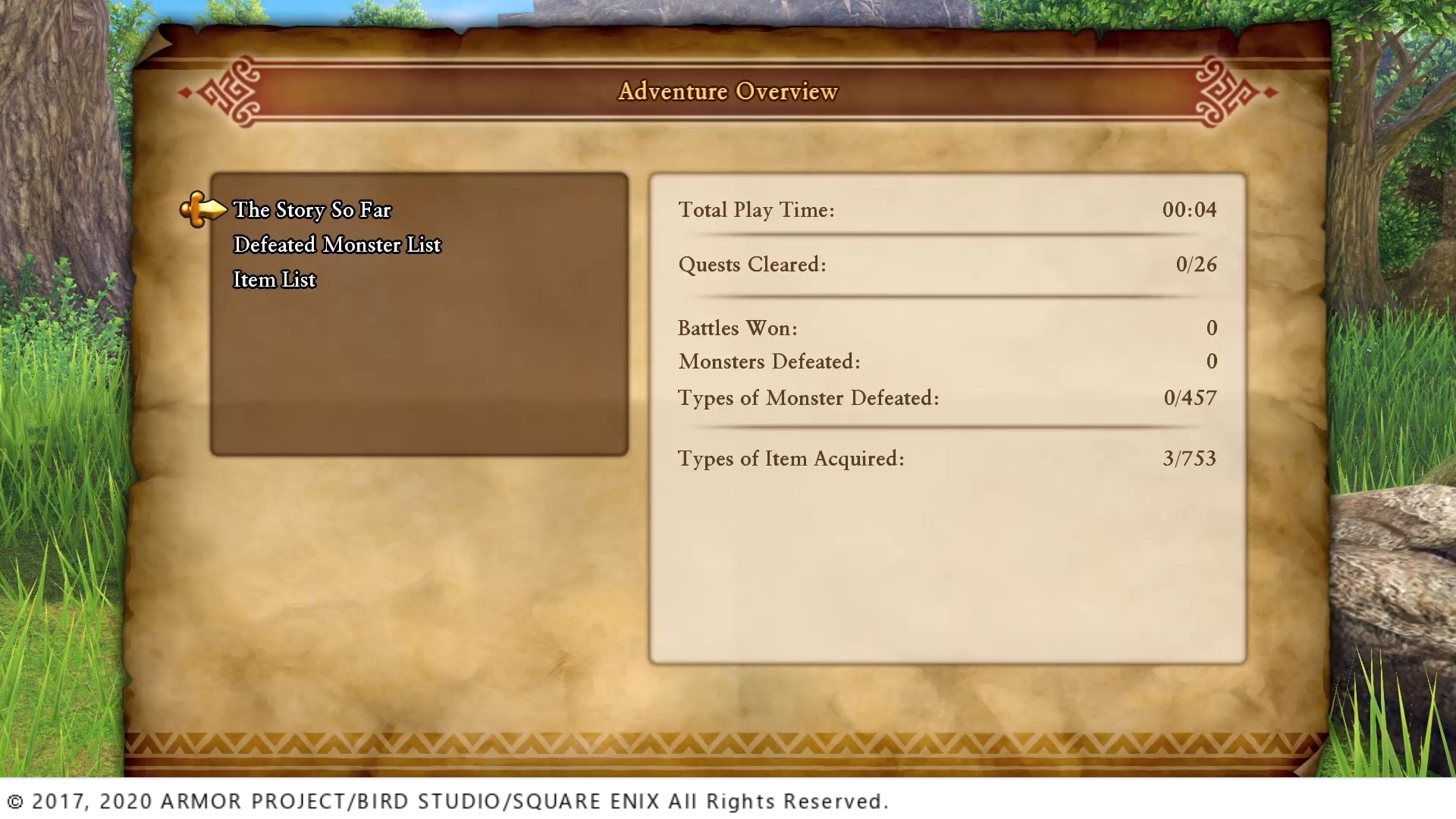 Dragon Quest XI S: Echoes of an Elusive Age screen shot of Adventure Overview menu with an option for "The Story So Far". Copyright on the bottom says "2017, 2020 Armor Project / Bird Studio / Square Enix All Rights Reserved.