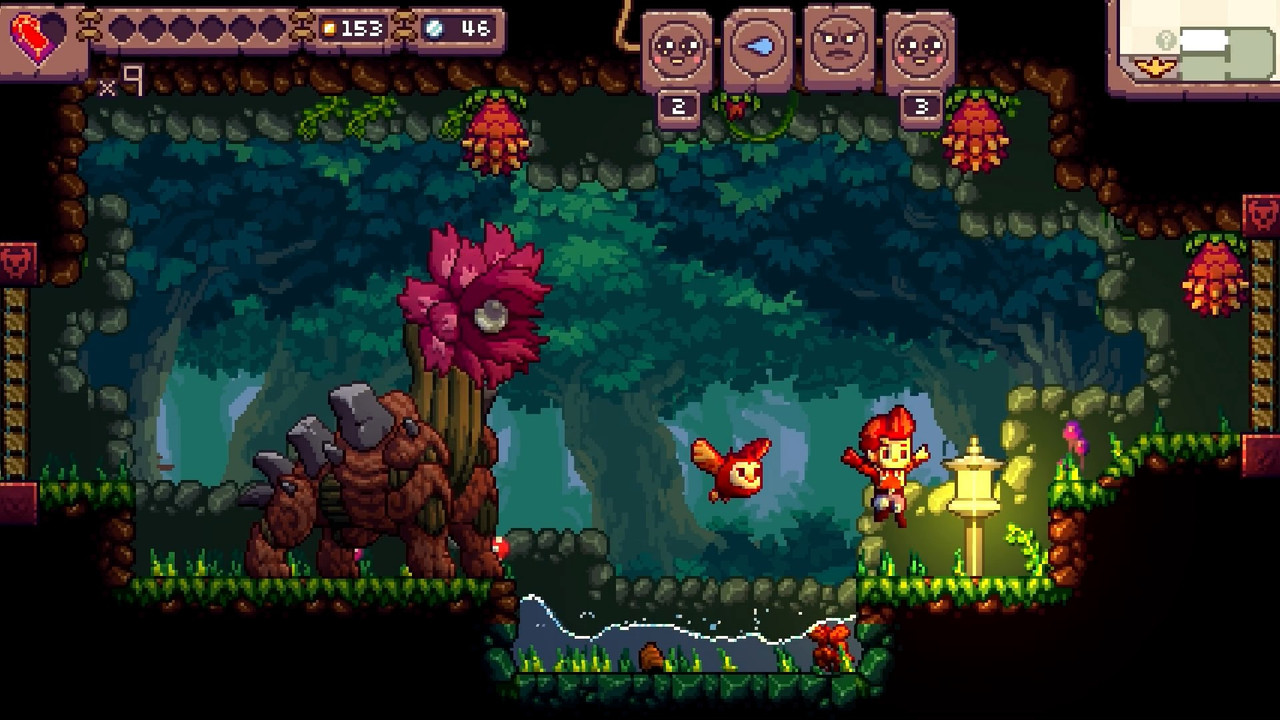 An active gameplay capture from the game Eagle Island. The character is moving against a colorful background with trees, flowers, and a yellowing, glowing lamp. 