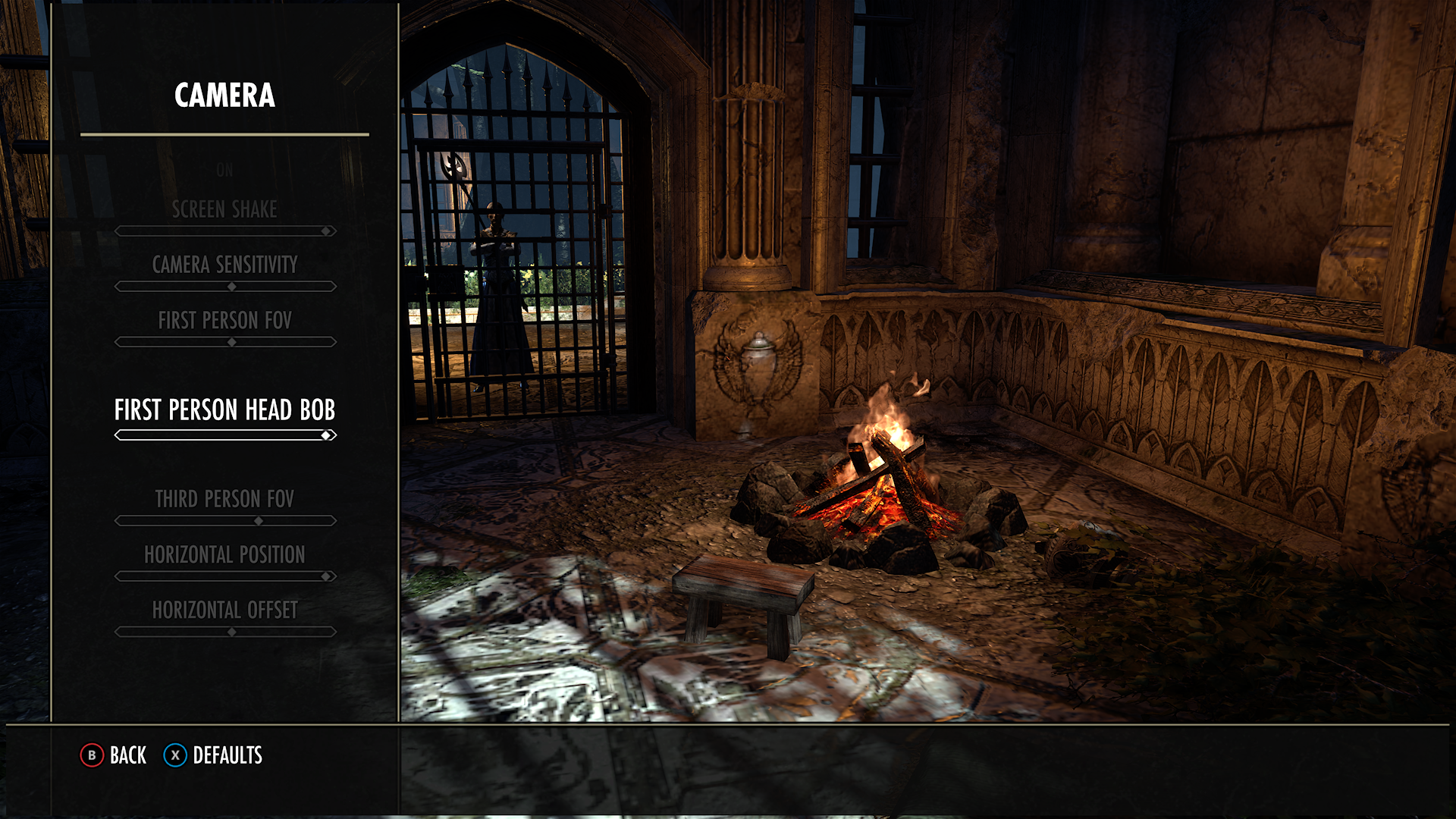 Elder Scrolls Online screenshot of camera menu with focus on first-person head bob setting. The setting is a sliding scale and set to the maximum.