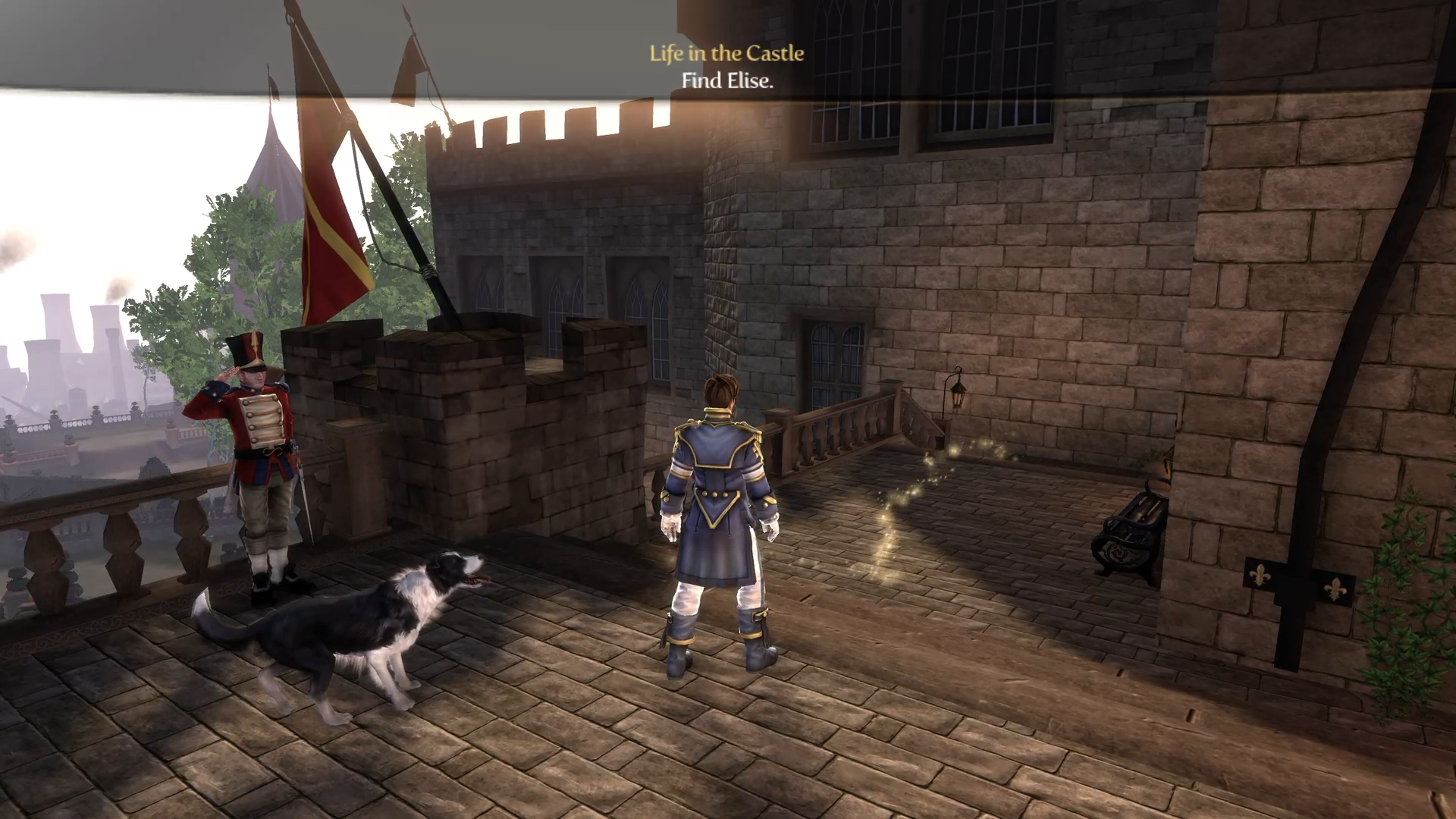 Fable III screenshot with the player character following a sparkly yellow path on the ground. text says "Life in the Castle. Find Elise."