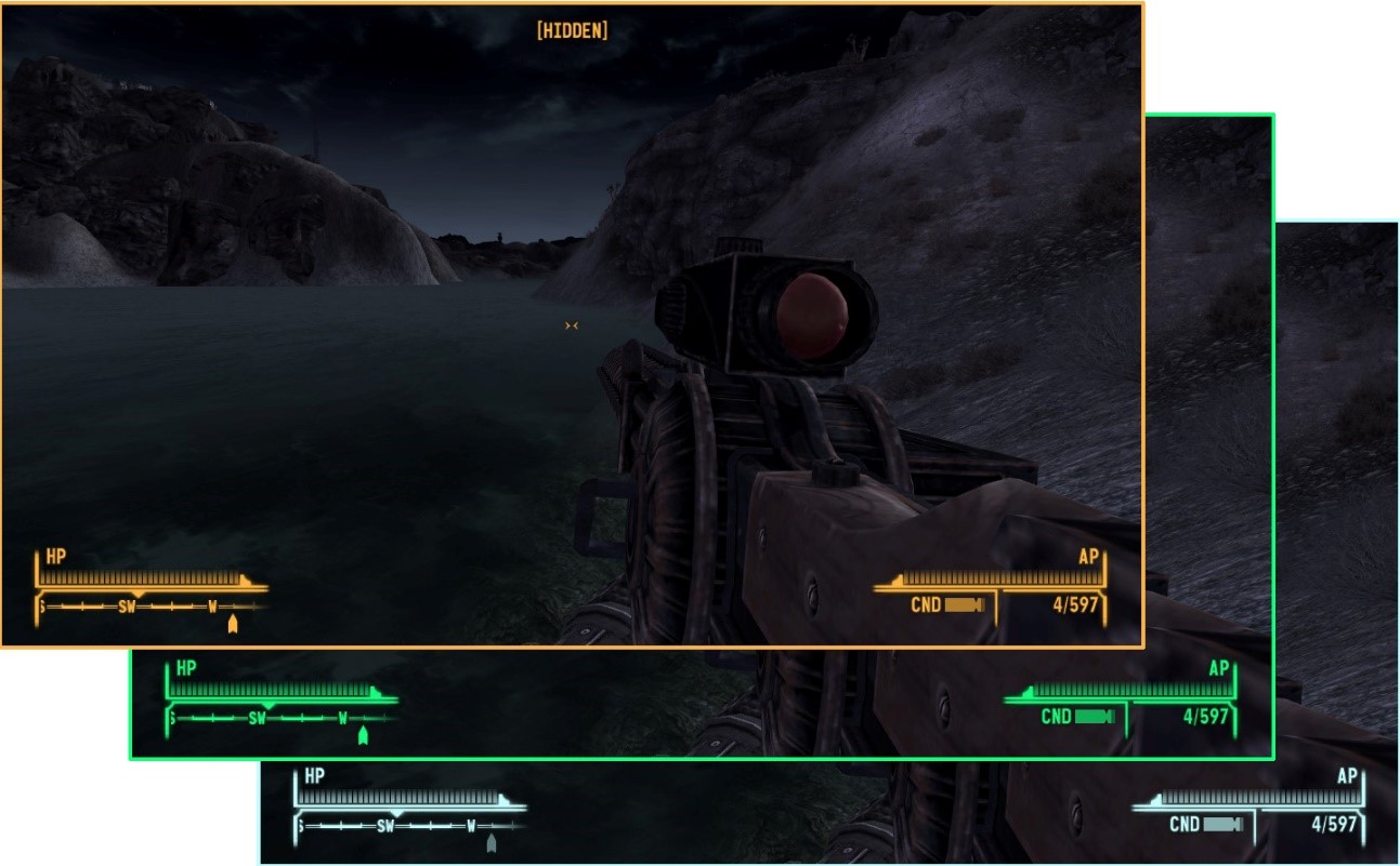 Three screenshots from Fallout: New Vegas with different colored HUDs. In one, the HUD is yellow; in the second, it's green; and the third, it's light blue.
