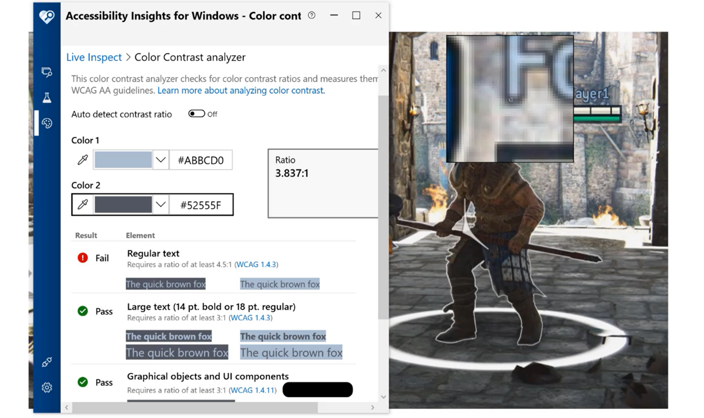 A user checking the color contrast ratio in For Honor by using Accessibility Insights for Windows.