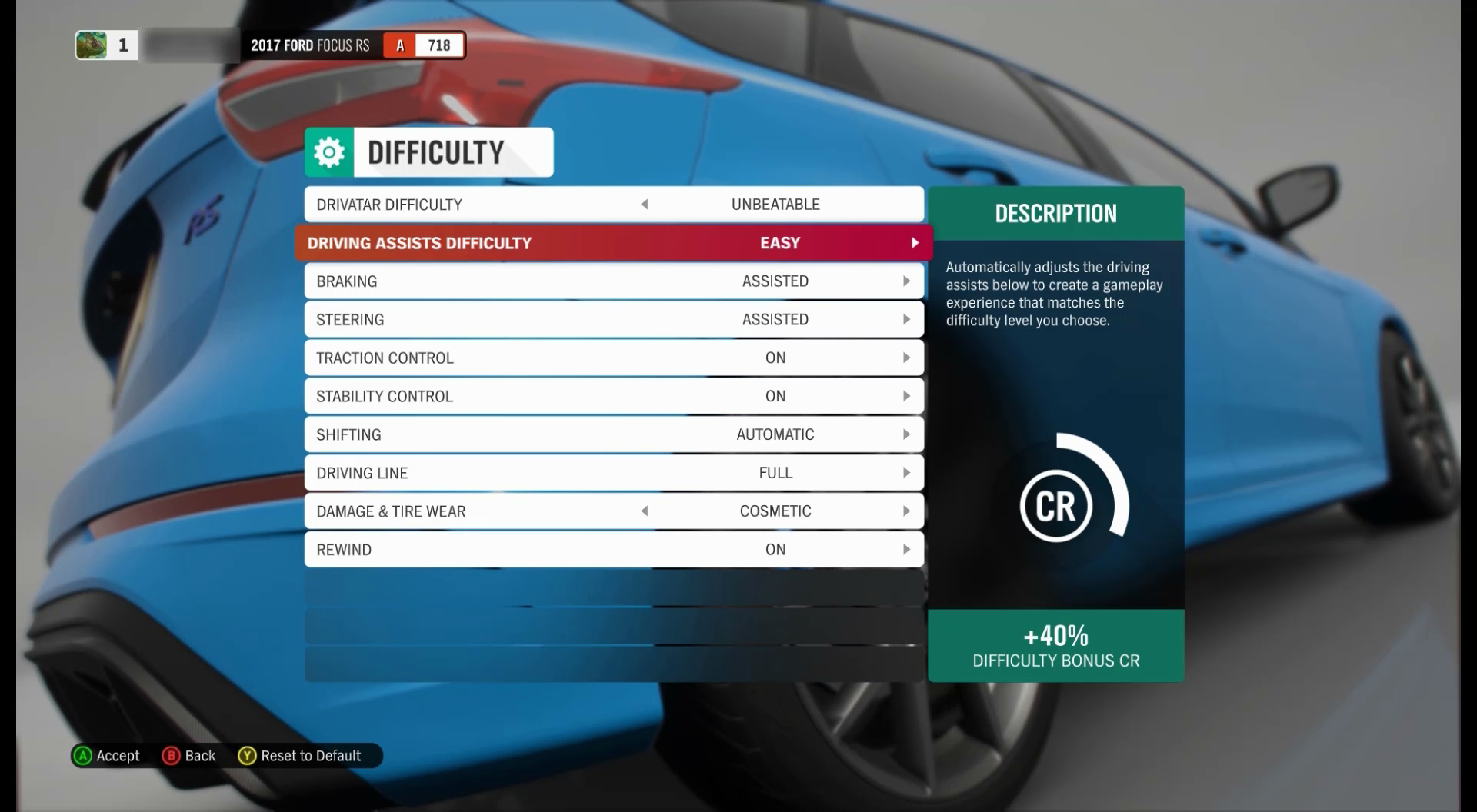 A screenshot of the difficulty menu in Forza Horizon 4. The "driving assists difficulty" option is focused and the current value is easy. There are other difficulty or assist options like breaking, stability control, shifting, and rewind.