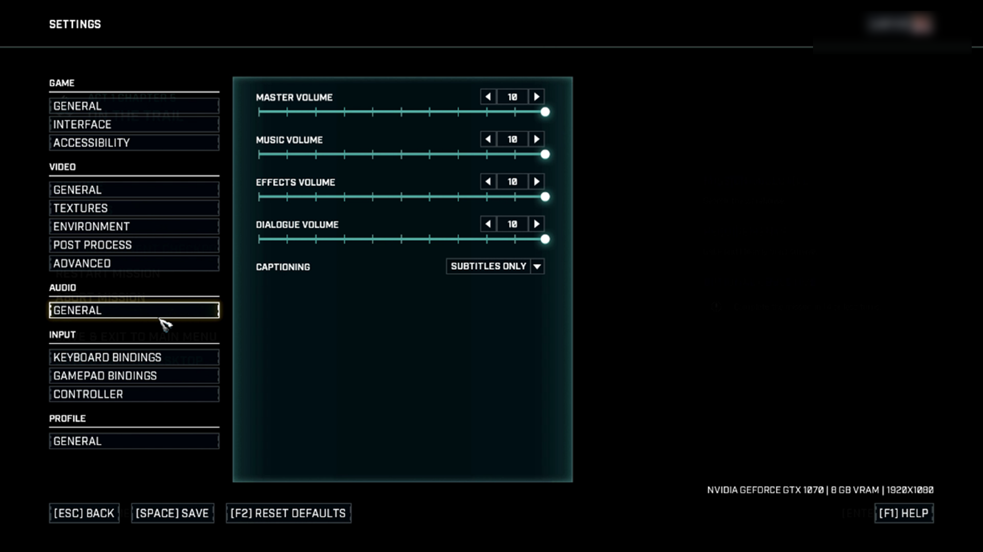 Gears Tactics Audio Settings. There are four sliders for different volume controls. The tab for controlling the slider is bright white against a dark blue background.