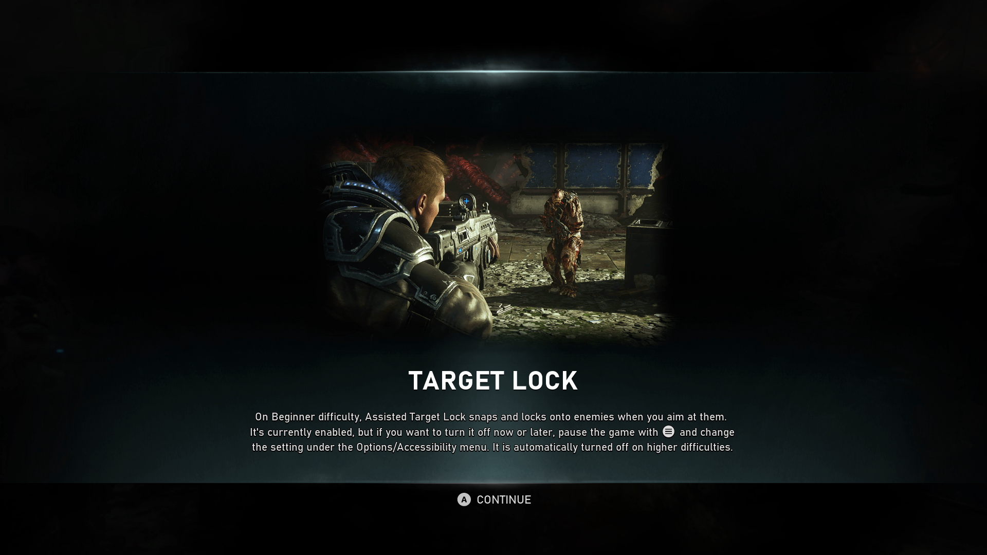 A screenshot from Gears 5 that shows a "Target Lock" tip screen, explaining how the functionality works. 