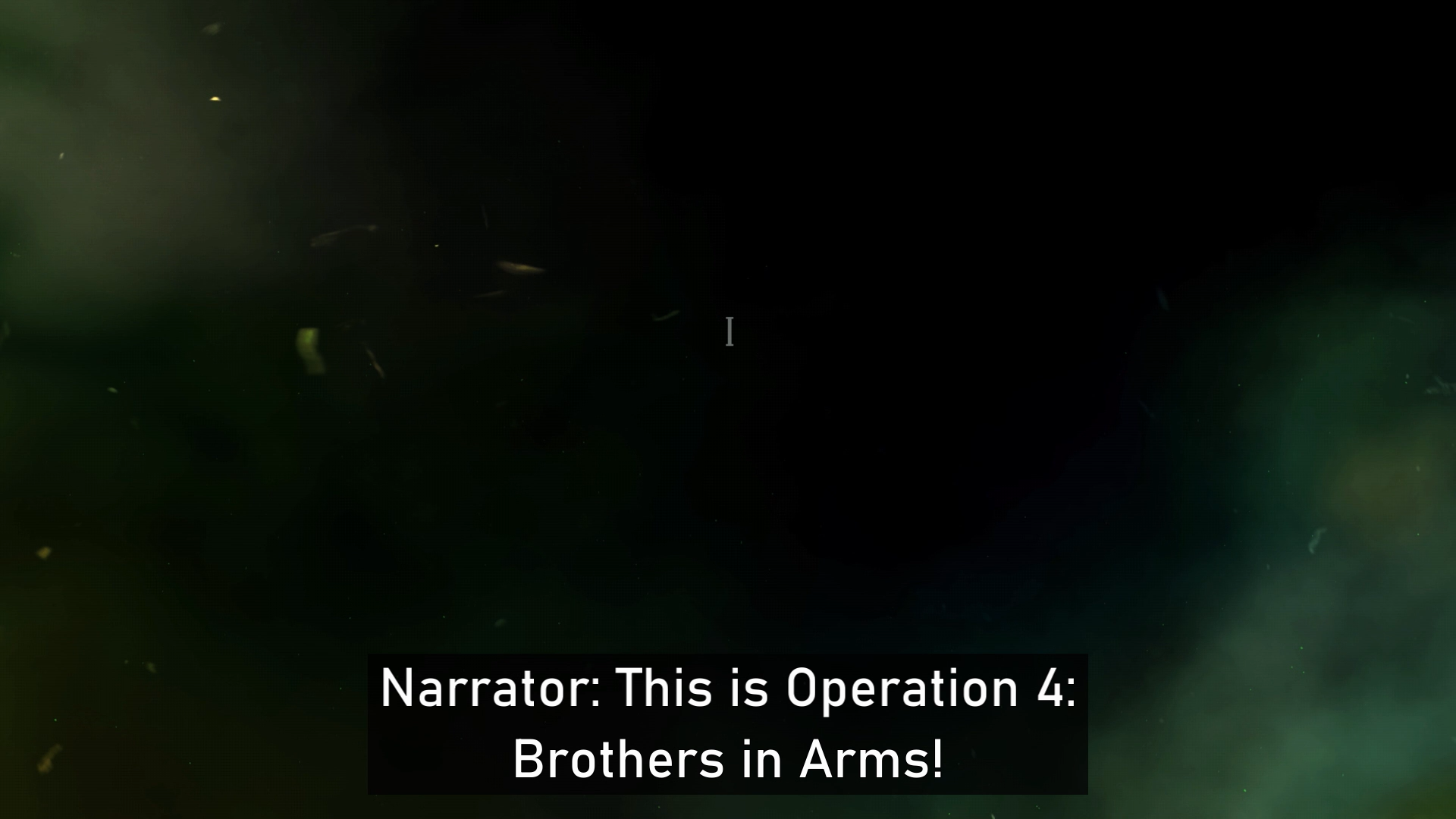 A still from a Gears 5 trailer. The screen is black with fog in the bottom corners and the subtitle says, "Narrator: This is Operation 4: Brothers in Arms!"
