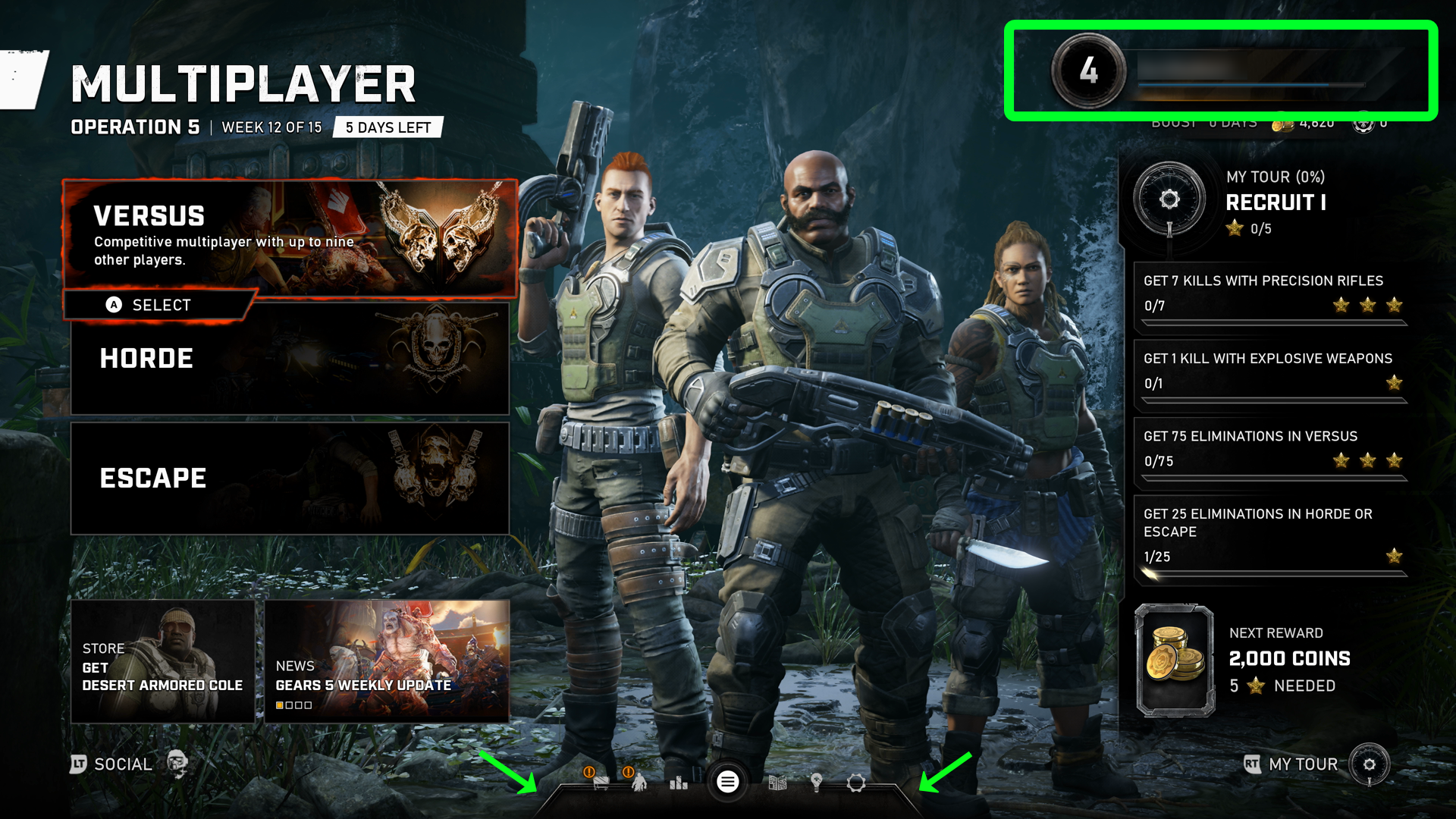Gears 5 Versus menu. At the top of this screen is a blue and gray decorative rectangle around the player's gamertag. There's a green rectangle around this decorative image to indicate that this is the decorative image that the example is referencing. There are also two green arrows pointing to both sides of an angular decorative graphic that's surrounding other menu options.