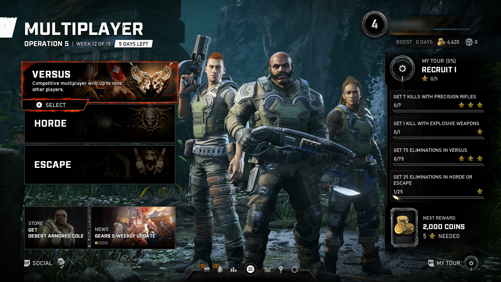 Gears 5 Versus menu. The Versus tile is selected. It shows a picture of a player character and an enemy face to face with white text at the bottom in front of a black gradient. The text says, "Versus: Competitive multiplayer with up to nine other players." Below the tile is an option to press A to select this option.