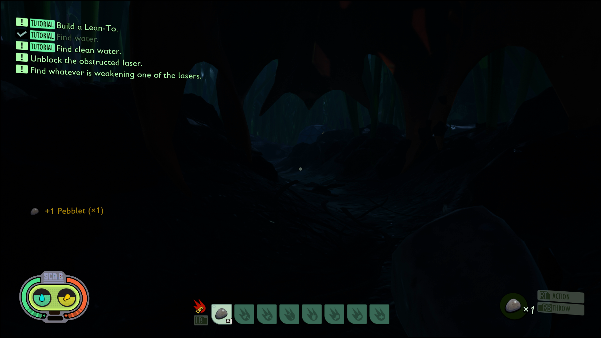 The player is in a dark cave in Grounded. A list of tasks is in the upper-left corner. Outstanding tasks are listed with an exclamation point beside them. Finished tasks have a check mark. Tutorial tasks are marked "tutorial." The tasks are build a lean-to, find water, find clean water, unblock the obstructed laser, and find whatever is weakening one of the lasers.