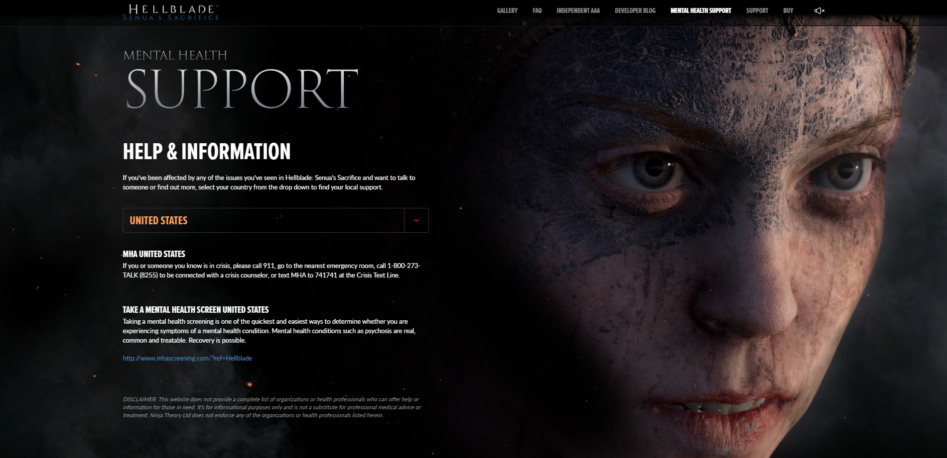 Hellblade Senua's Sacrifice Support page titled Help & Information with a drop down picker for country where United States is currently selected. Below the picker are two united states resources, MHA United States with contact numbers and "Take a mental health screen united states" with a link.