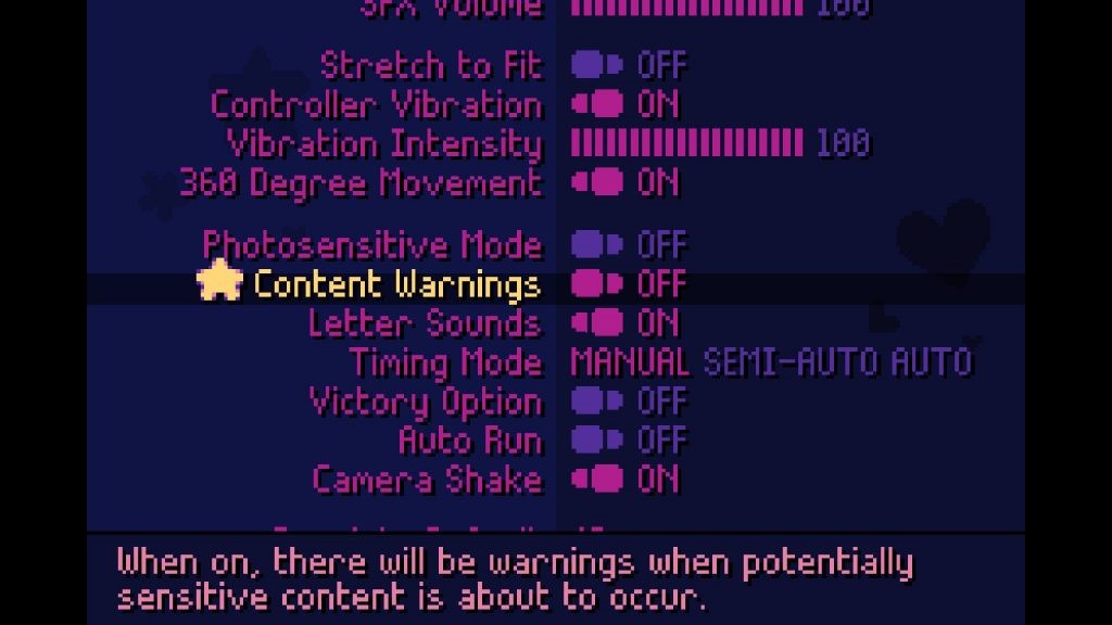 Screenshot of the options menu in Ikenfell. Content Warnings has focus. The toggle can be moved to "on" or "off"