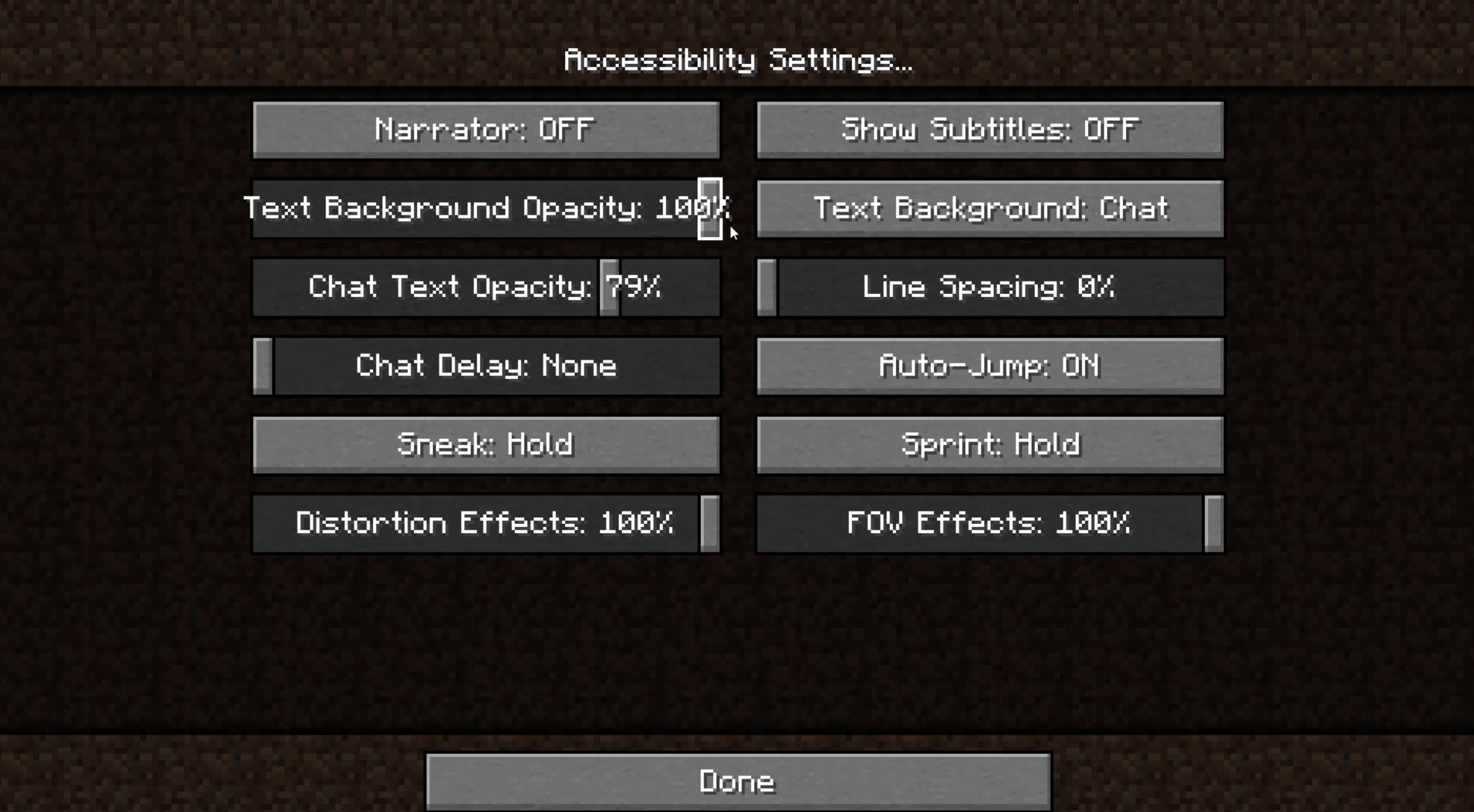 Minecraft Accessibility Settings menu. The slider for Text Background Opacity is set to 100%. The Text Background option is set to chat. The Chat Text Opacity slider is set to 79%.