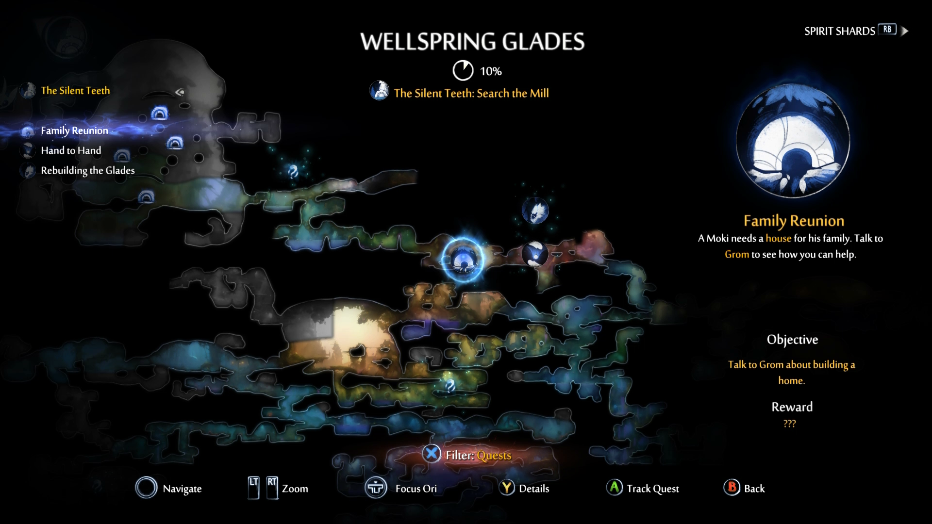 A screenshot from Ori and the Will of the Wisps. A map of the gameplay area is displayed as well as a list of objectives. The currently selected objective is "Family Reunion."