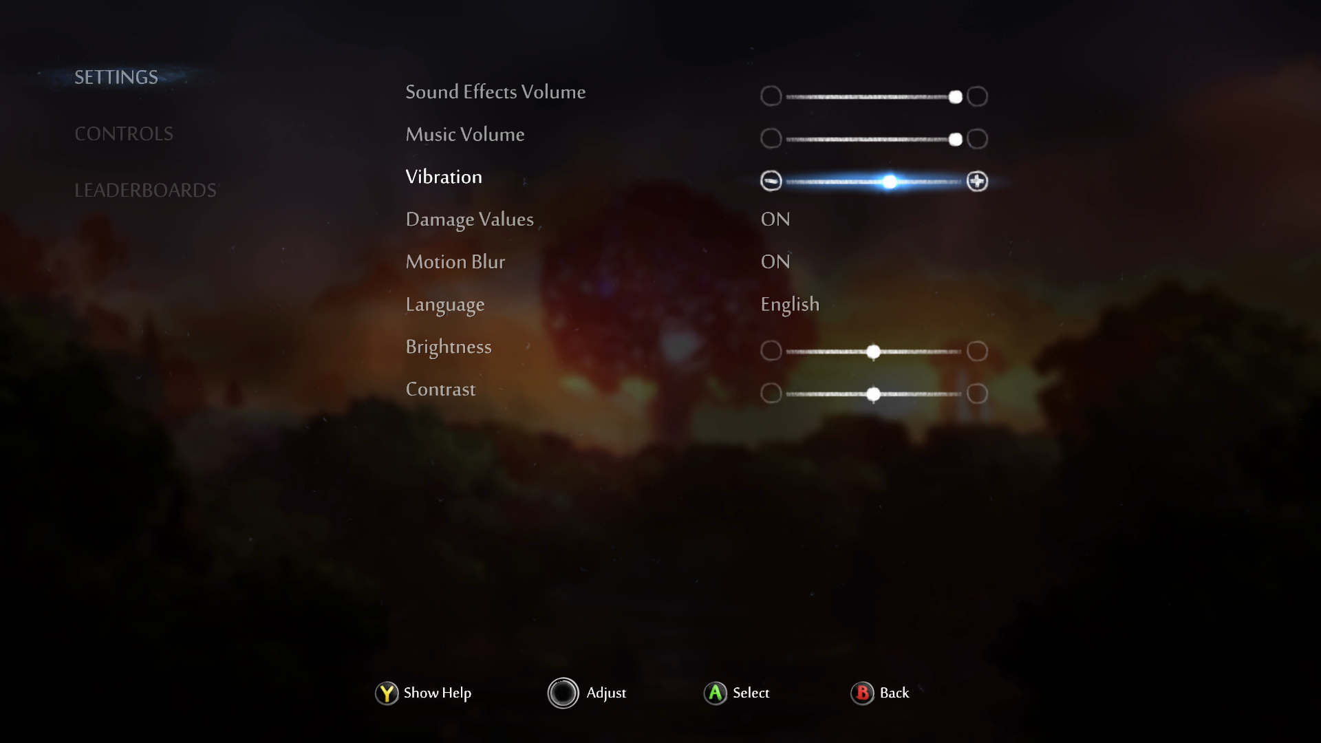 A screenshot from the Ori and the Will of the Wisps Settings menu. The Vibration setting has focus. The slider's current value visually appears to be set to about 75 percent intensity.