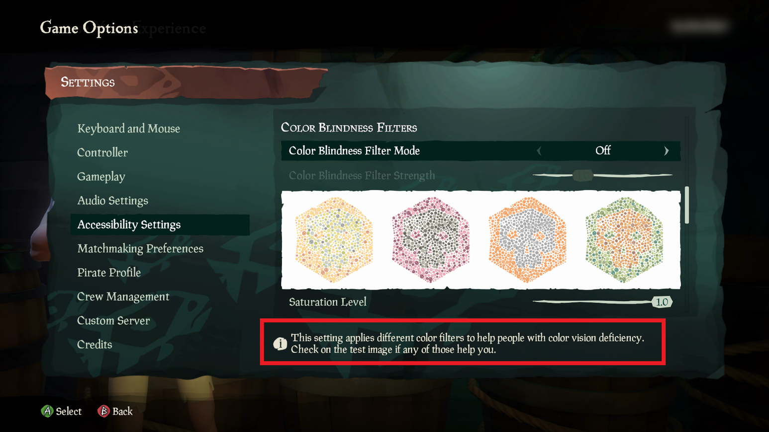Sea of Thieves Accessibility Settings menu. The menu background is light turquoise with a dark turquoise fish pattern. The menu text is white with a darker background behind it so that it's distinguishable from the background.