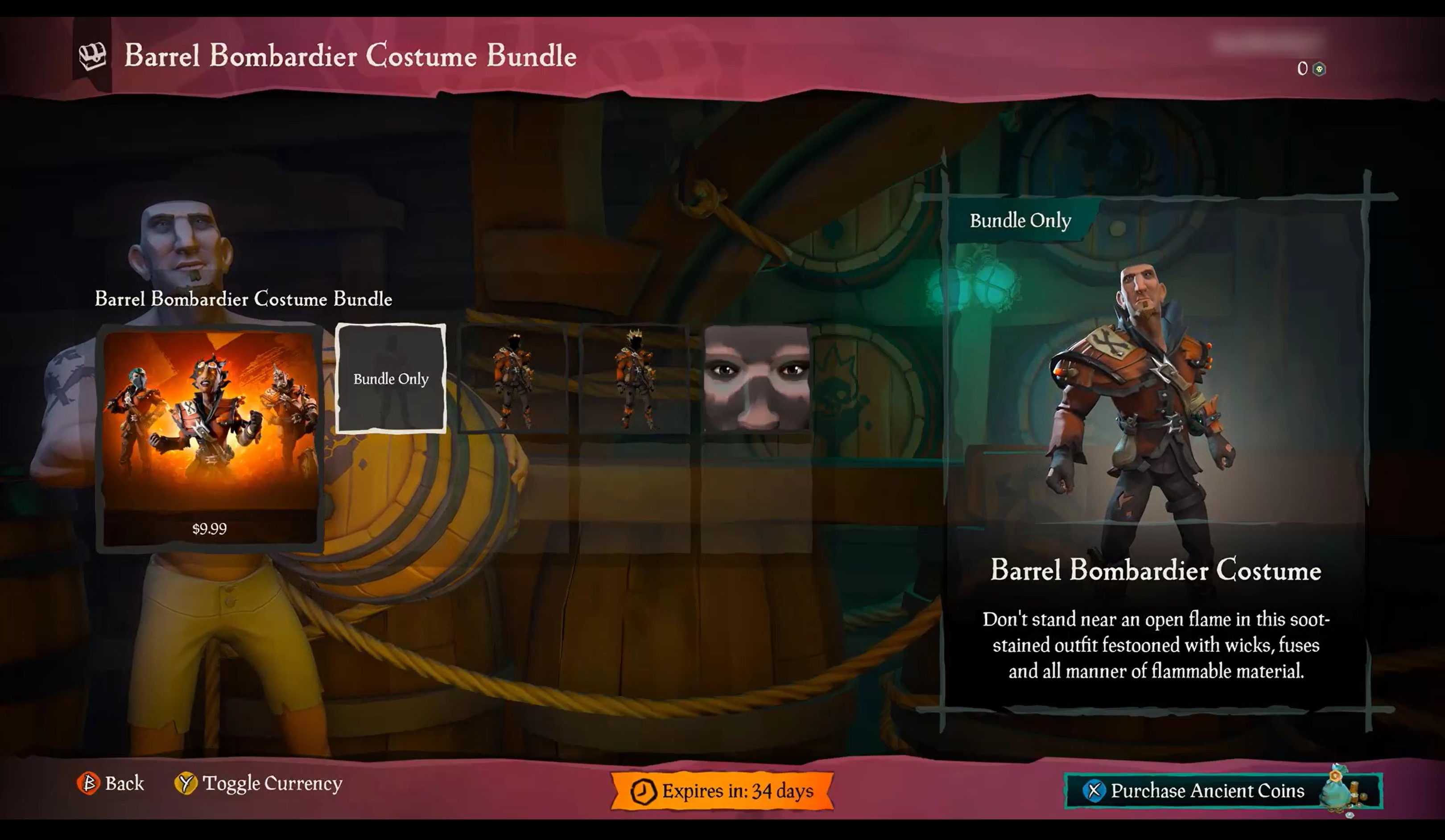 Sea of Thieves screenshot of in-game store where the current selection is greyed out with white text reading "Bundle Only."