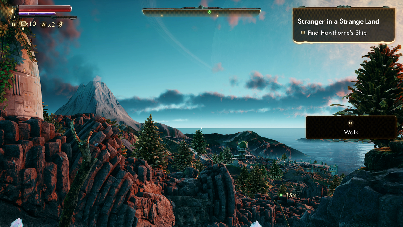 Player exploring an island in the game The Outer Worlds. The health bar, navigation bar, quest objective, and subtitles all have strong contrast against the dark background, making them more visible for the player.
