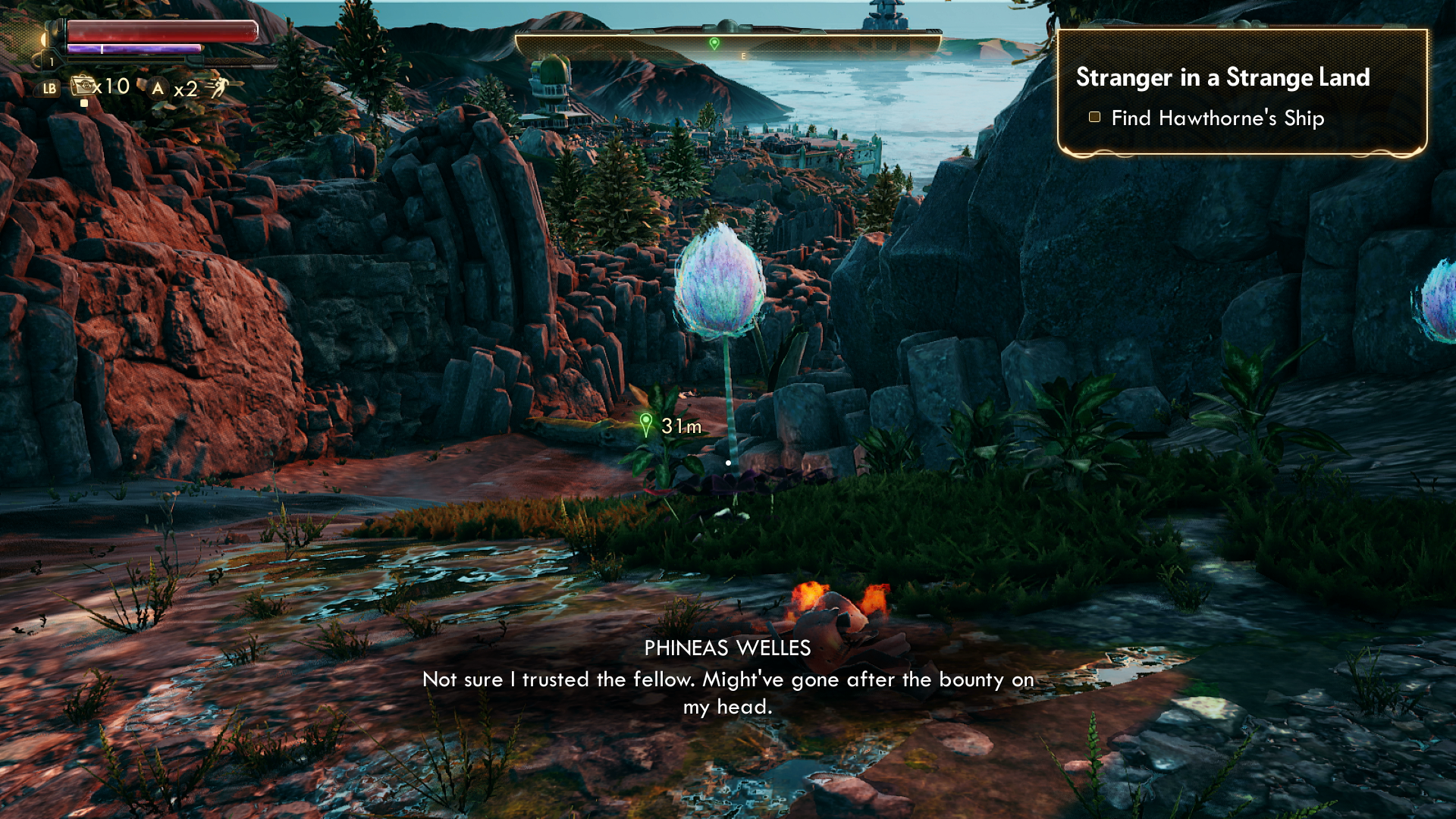 Gameplay in The Outer Worlds. The player can see a waypoint marker 31 meters away down the hill in front of them. The name of the quest and the current objective are in the upper-right corner.
